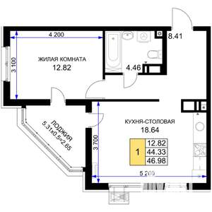 1-к квартира, вторичка, 47м2, 14/18 этаж