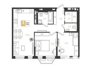 2-к квартира, строящийся дом, 58м2, 4/9 этаж