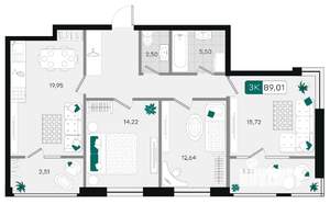3-к квартира, вторичка, 89м2, 3/9 этаж