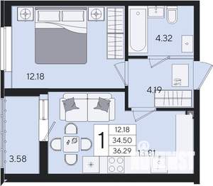 1-к квартира, вторичка, 36м2, 2/8 этаж