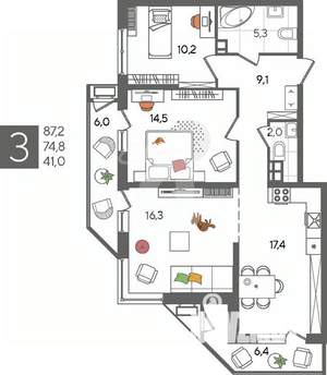 3-к квартира, вторичка, 87м2, 9/24 этаж