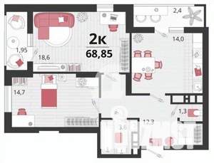 2-к квартира, вторичка, 69м2, 5/18 этаж