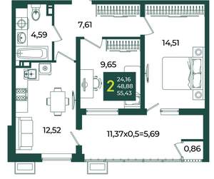 2-к квартира, вторичка, 55м2, 6/18 этаж