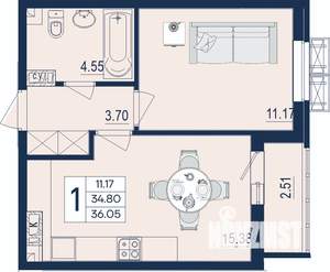 1-к квартира, вторичка, 36м2, 3/18 этаж