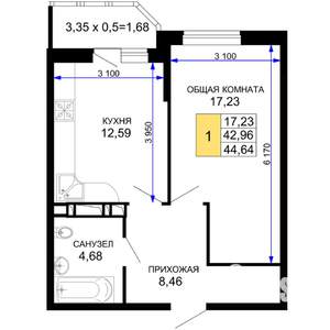 1-к квартира, вторичка, 45м2, 19/19 этаж
