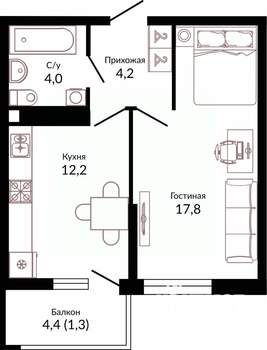 1-к квартира, вторичка, 41м2, 14/22 этаж