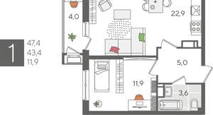 1-к квартира, вторичка, 47м2, 19/24 этаж