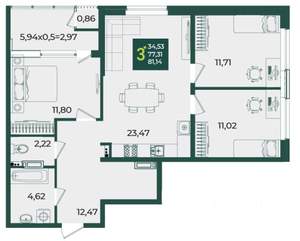 3-к квартира, сданный дом, 81м2, 11/21 этаж