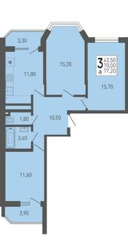 3-к квартира, строящийся дом, 77м2, 17/22 этаж