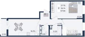2-к квартира, вторичка, 58м2, 17/18 этаж