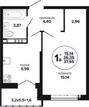 1-к квартира, вторичка, 38м2, 23/24 этаж