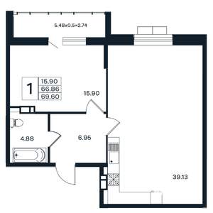 1-к квартира, вторичка, 70м2, 4/12 этаж