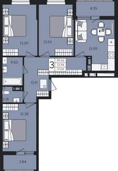 3-к квартира, вторичка, 77м2, 5/9 этаж