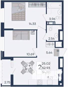 2-к квартира, вторичка, 54м2, 12/18 этаж