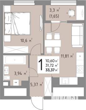 1-к квартира, вторичка, 33м2, 5/15 этаж
