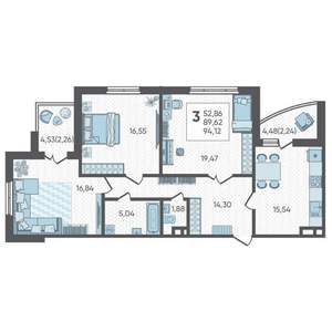 3-к квартира, вторичка, 94м2, 5/19 этаж