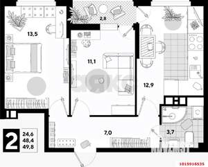 2-к квартира, вторичка, 49м2, 5/16 этаж
