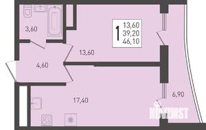 1-к квартира, строящийся дом, 46м2, 22/24 этаж