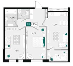 2-к квартира, вторичка, 63м2, 7/18 этаж