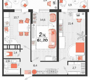 2-к квартира, вторичка, 61м2, 12/25 этаж