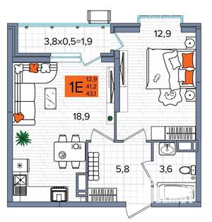 1-к квартира, сданный дом, 43м2, 16/16 этаж