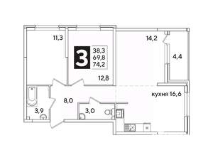 3-к квартира, вторичка, 74м2, 2/16 этаж
