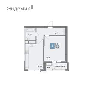 1-к квартира, вторичка, 53м2, 1/12 этаж