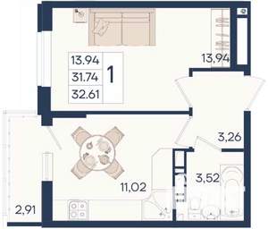 1-к квартира, вторичка, 33м2, 18/18 этаж