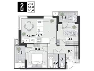 2-к квартира, строящийся дом, 63м2, 5/18 этаж