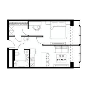 2-к квартира, строящийся дом, 46м2, 14/19 этаж