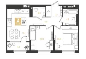 2-к квартира, строящийся дом, 51м2, 4/18 этаж