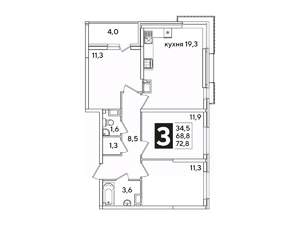 3-к квартира, вторичка, 73м2, 12/16 этаж