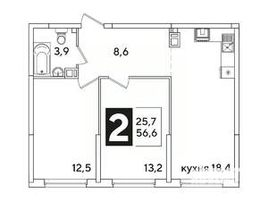 2-к квартира, вторичка, 57м2, 5/16 этаж