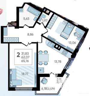 2-к квартира, вторичка, 65м2, 13/19 этаж