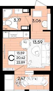 Студия квартира, вторичка, 23м2, 3/18 этаж