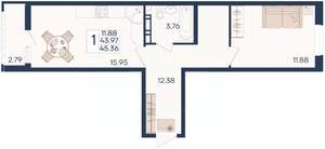 1-к квартира, вторичка, 45м2, 3/18 этаж