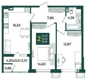 2-к квартира, вторичка, 59м2, 4/18 этаж