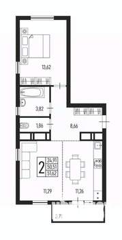 2-к квартира, вторичка, 52м2, 8/9 этаж