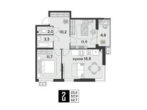 2-к квартира, вторичка, 63м2, 2/9 этаж