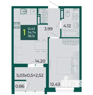 1-к квартира, вторичка, 38м2, 16/18 этаж