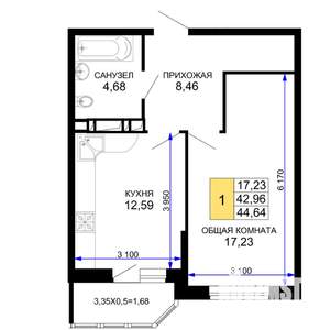 1-к квартира, вторичка, 45м2, 2/19 этаж