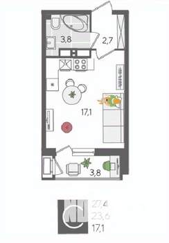 Студия квартира, вторичка, 27м2, 13/24 этаж