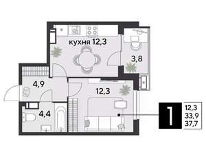 1-к квартира, строящийся дом, 38м2, 12/18 этаж