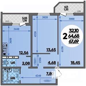2-к квартира, строящийся дом, 68м2, 2/16 этаж