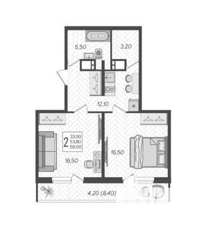 2-к квартира, вторичка, 58м2, 8/16 этаж