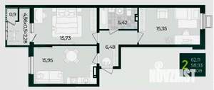 2-к квартира, вторичка, 62м2, 15/18 этаж