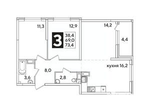 3-к квартира, вторичка, 73м2, 11/16 этаж