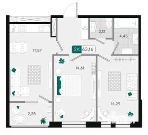 2-к квартира, вторичка, 63м2, 3/18 этаж