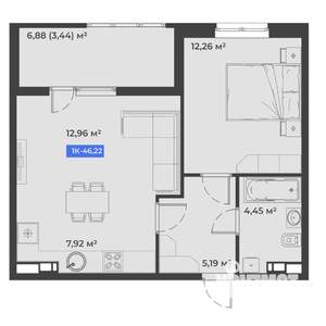 1-к квартира, вторичка, 46м2, 1/5 этаж