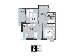 2-к квартира, строящийся дом, 62м2, 9/9 этаж